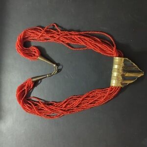 Vintage Brass and Red Glass Seed Bead Multi Strand Statement Necklace